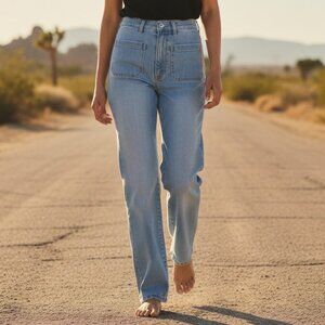 Jeanerica Alta Azurina Straight Leg Blue Patch Pocket High Rise Jeans NWT 24x32